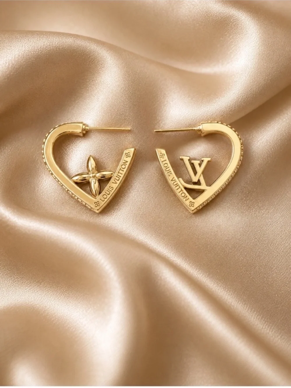 Gold Crystal Heart Hoop Earrings with Monogram Flower